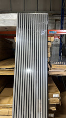 Light Grey Acoustic Slatted Wall Panel 60x240 cm, HDF sound-absorbing, installed in modern home with solid furniture 