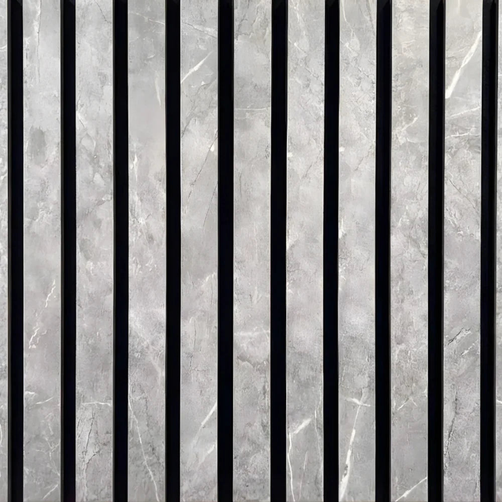 Closeup view of Acoustic Slatted Wall Panel Marble Grey showing HDF wood slats and felt backing texture for premium acoustic performance and modern finish solid furniture UK