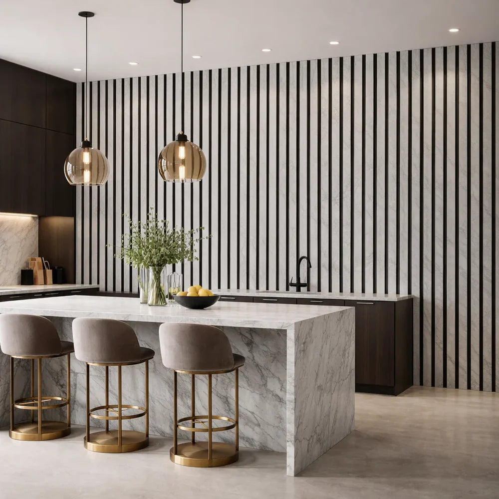 Acoustic Slatted Wall Panel Marble Grey installed in modern kitchen interior showing stylish feature wall and sound absorbing wood slat design solid furniture UK