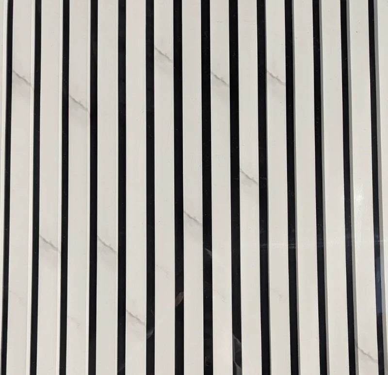 Acoustic slatted wall panel white marble full view UK