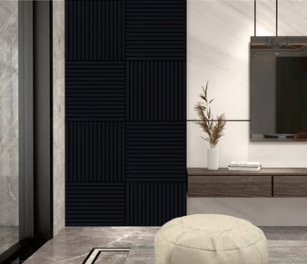 Black 3D square acoustic wall panels 60x60 cm installed in a UK drawing room by Solid Furniture UK for stylish sound absorption and contemporary interior design