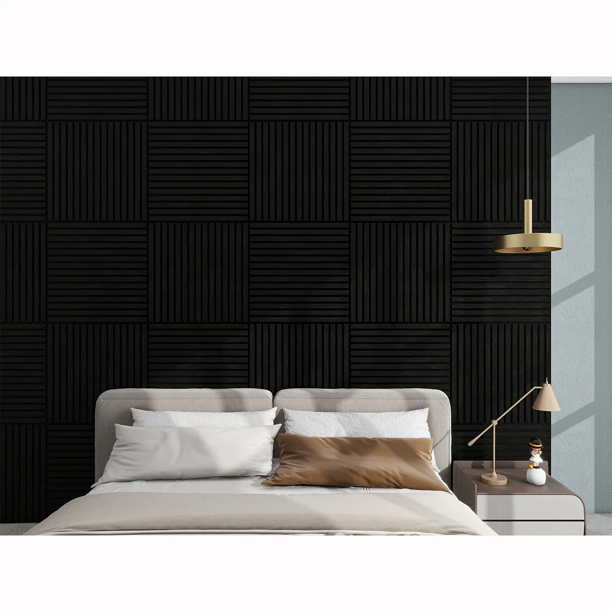 Black 3D square acoustic wall panels 60x60 cm installed in a modern UK living space by Solid Furniture UK enhancing acoustics and visual depth