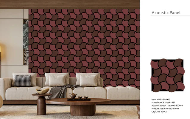 3D wave acoustic wall panels 61x61 cm burgundy and brown installed in a room with dimension overlay by Solid Furniture UK for layout planning