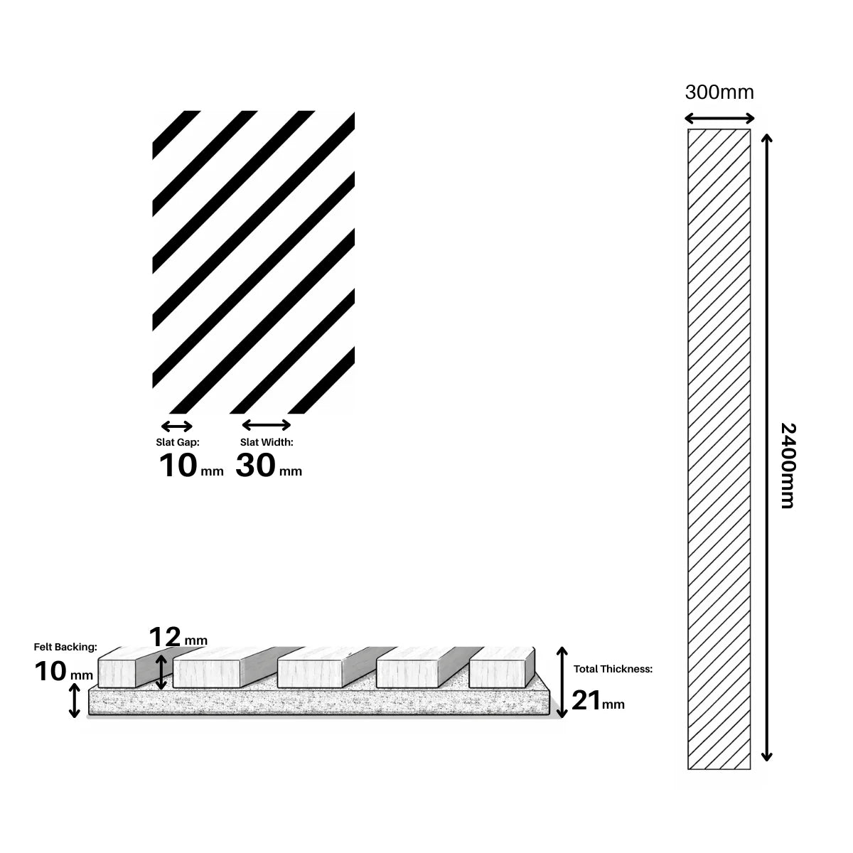 Technical dimension guide of acoustic wall panel by Solid Furniture UK showing slat width, gap, thickness and panel size measurements