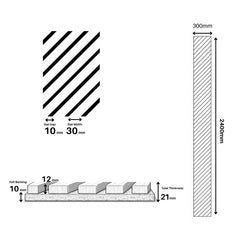 Technical dimension guide of acoustic wall panel by Solid Furniture UK showing slat width, gap, thickness and panel size measurements