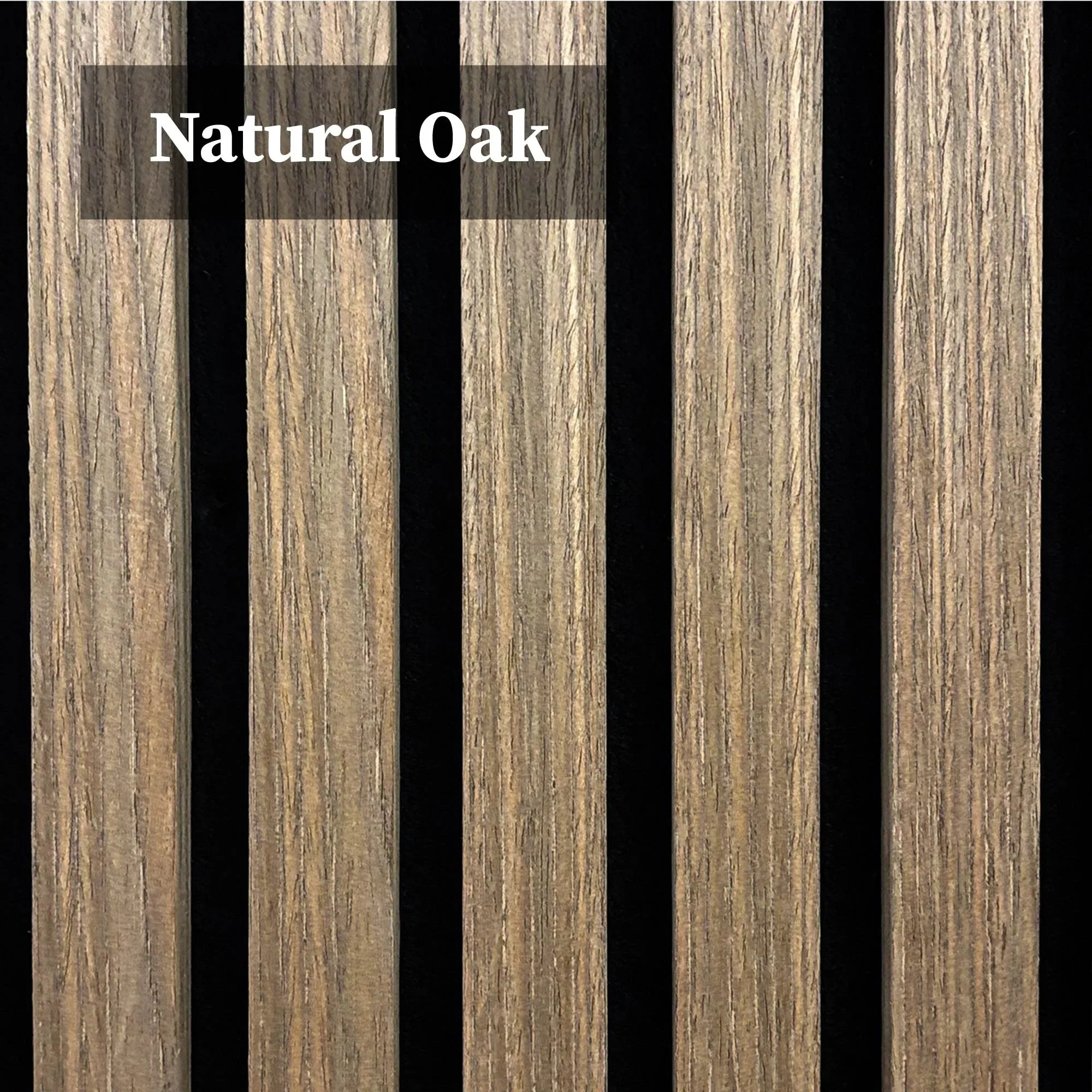 3D close-up of a decorative light oak acoustic wall panel showing wood slat width (27 mm), 13 mm gaps, 12 mm thickness, and the textured recycled PET felt backing for improved sound absorption.