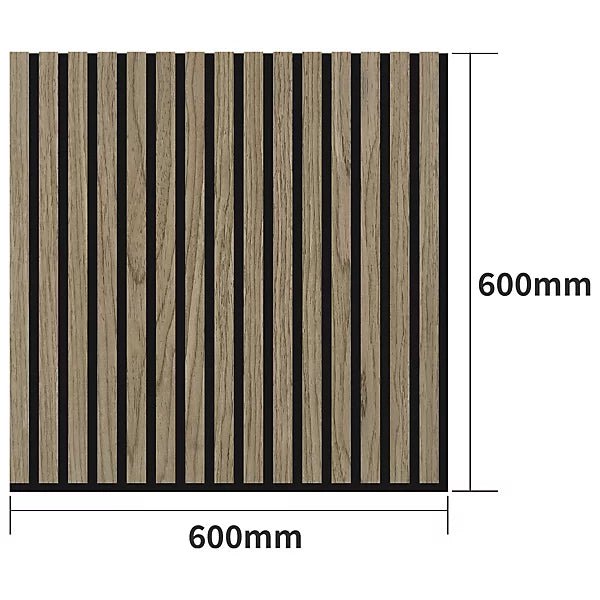 Dark oak 3D square acoustic wall panel 60x60 cm by Solid Furniture UK showing panel size, slat width, gap, and thickness for layout planning