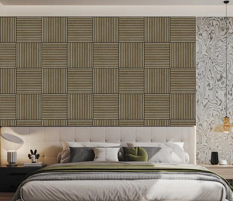 Dark oak 3D square acoustic wall panels 60x60 cm installed in a modern UK living space by Solid Furniture UK for visual depth and improved sound balance