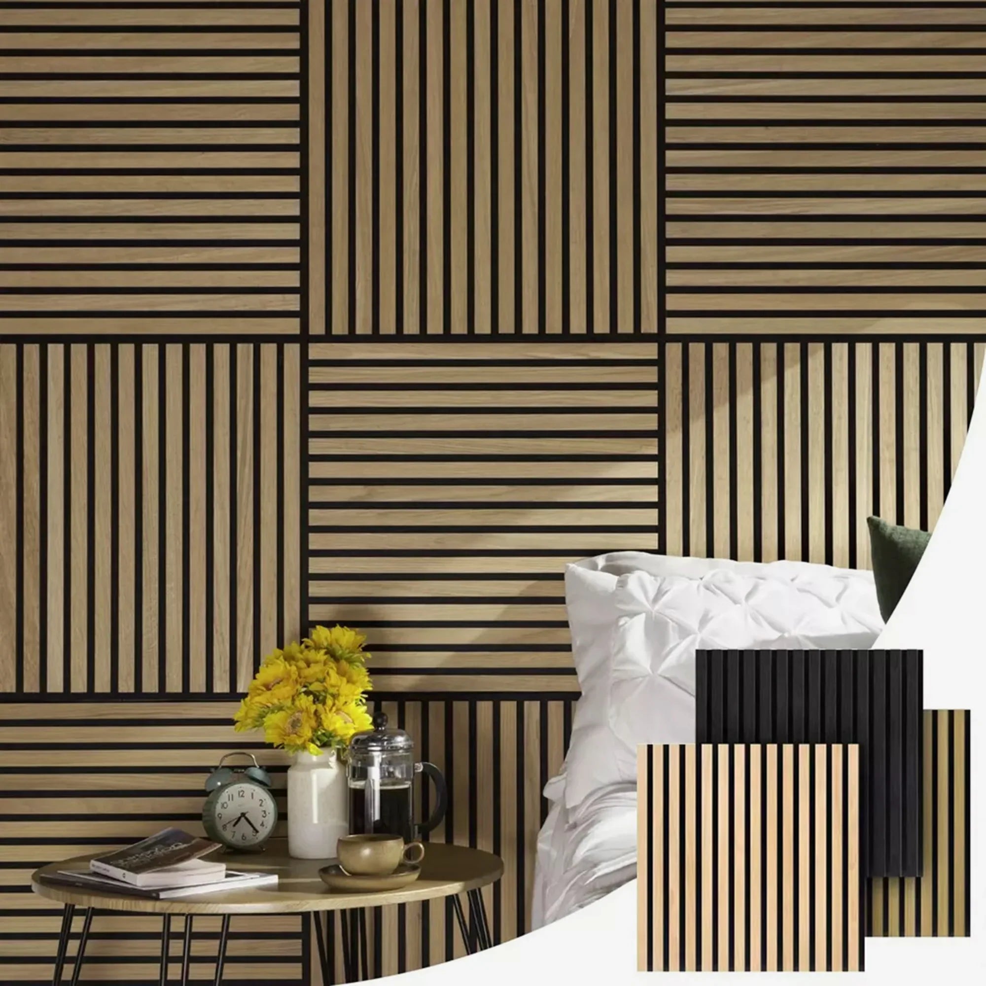 3D front view of a 60×60 cm decorative light oak acoustic wall panel highlighting evenly spaced wood slats.
