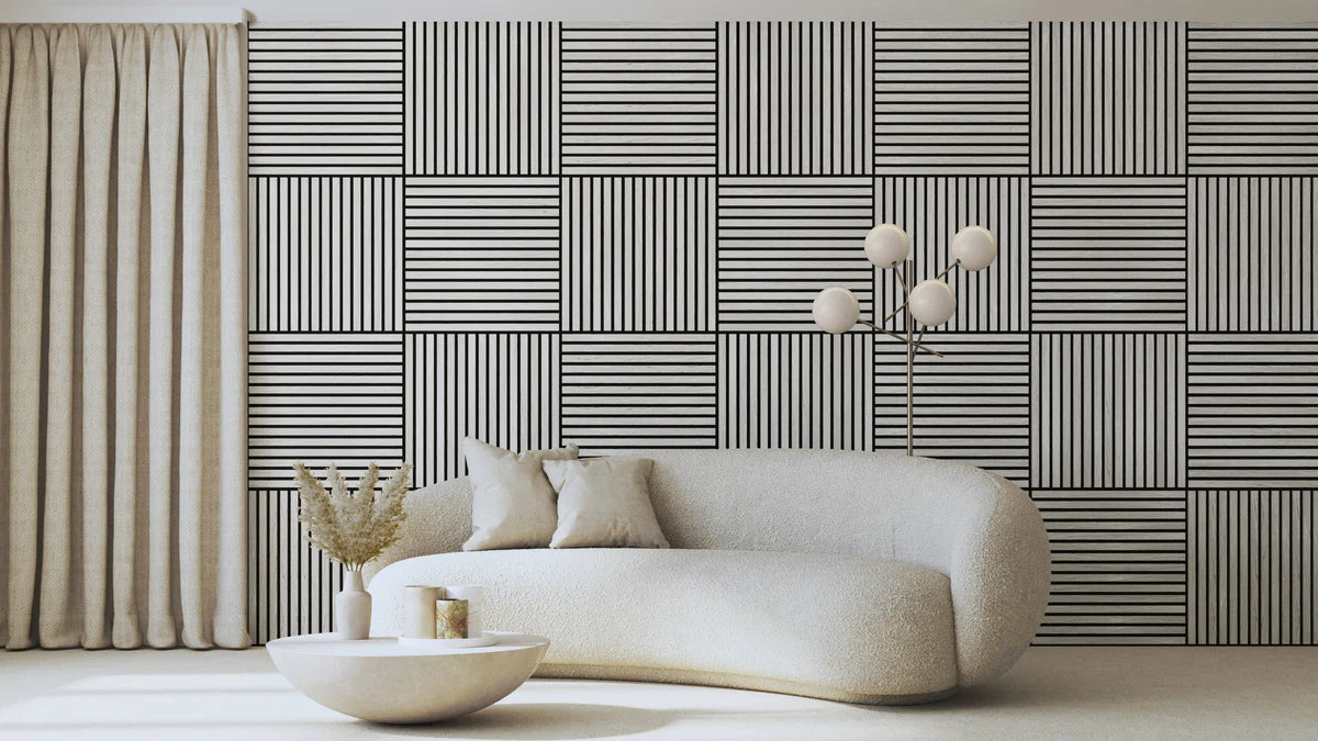 Light grey 3D square acoustic wall panels 60x60 cm installed in a UK drawing room by Solid Furniture UK, creating a modern, calming interior with improved sound balance