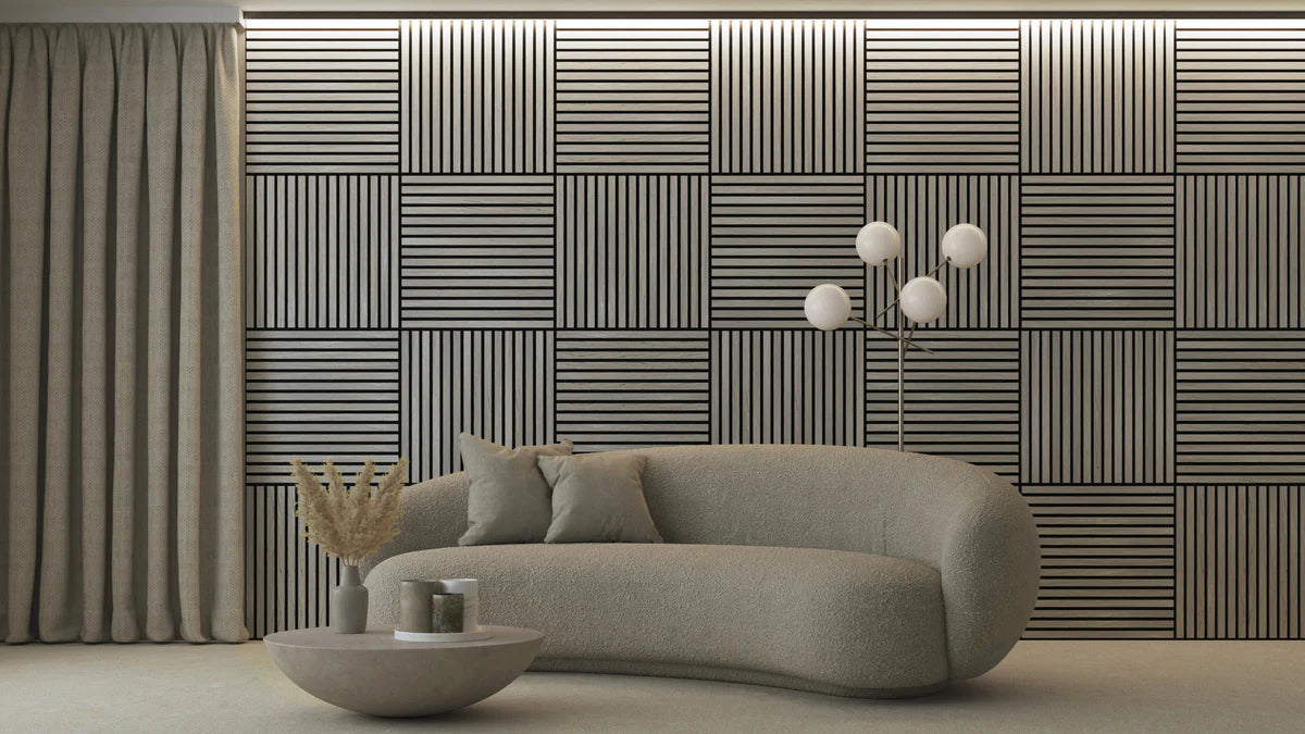 Light grey 3D square acoustic wall panels 60x60 cm installed in a UK drawing room with LED lighting by Solid Furniture UK, highlighting geometric texture and enhancing ambiance