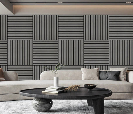 Light grey 3D square acoustic wall panels 60x60 cm installed in a modern UK interior by Solid Furniture UK showing multiple panels in a feature wall layout