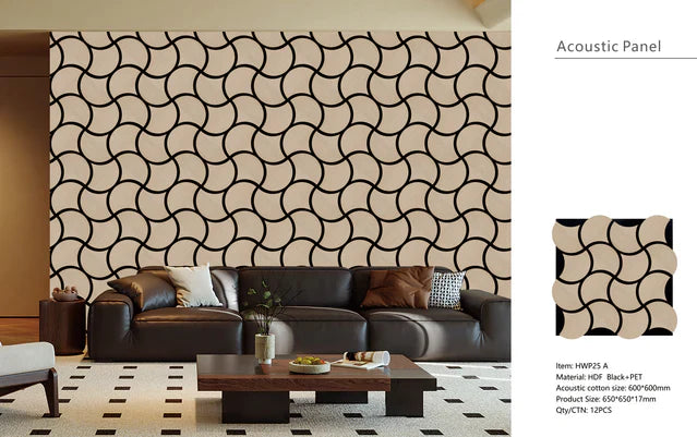 Oak finish 3D wave acoustic wall panels 60x60 cm installed in a modern UK interior by Solid Furniture UK creating a warm and calm space