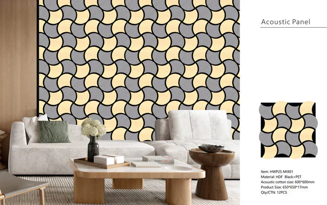 3D wave acoustic wall panels 61x61 cm oak and gray installed in a room with dimension overlay by Solid Furniture UK for layout and planning