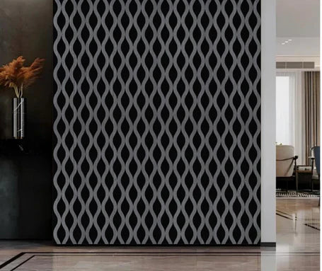 Dark Grey Acoustic Waved Wall Panels 60x240 by Solid Furniture UK installed in a modern living room creating a sleek feature wall with improved acoustic performance