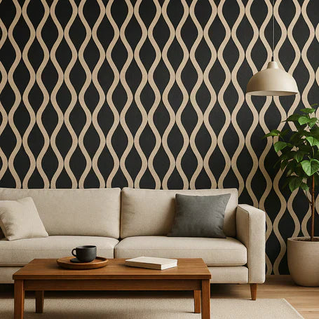 Modern interior featuring Acoustic Waved Oak 60x240 wall panels from Solid Furniture UK installed on a feature wall, enhancing acoustics and adding a warm natural wood finish to the room.