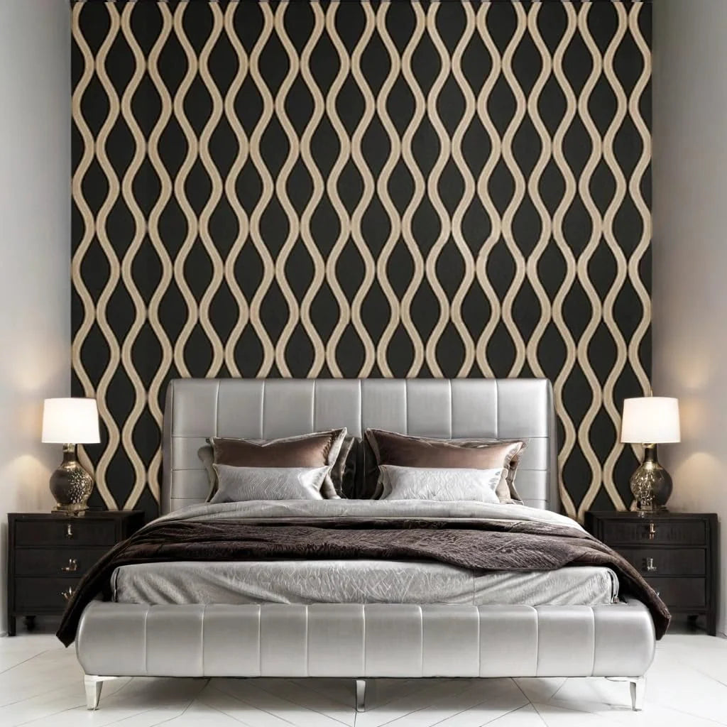 Bedroom interior in the UK with dark oak acoustic waved wall panels 60x240cm by Solid Furniture UK creating a calm and elegant environment.