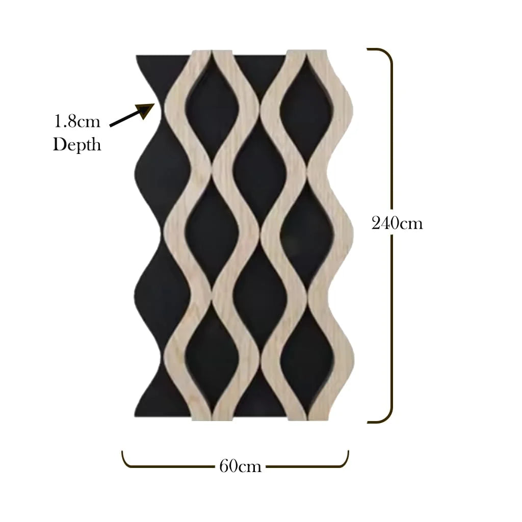 Acoustic waved wall panel dark oak 60x240cm UK size by Solid Furniture UK showing panel dimensions and 1.8 cm depth.