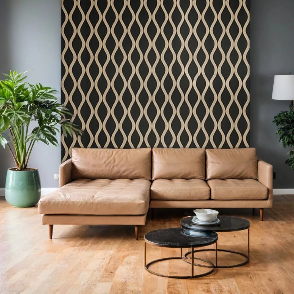 Dark oak acoustic waved wall panels 60x240cm installed in a modern drawing room in the UK by Solid Furniture UK, enhancing interior design and reducing echo.
