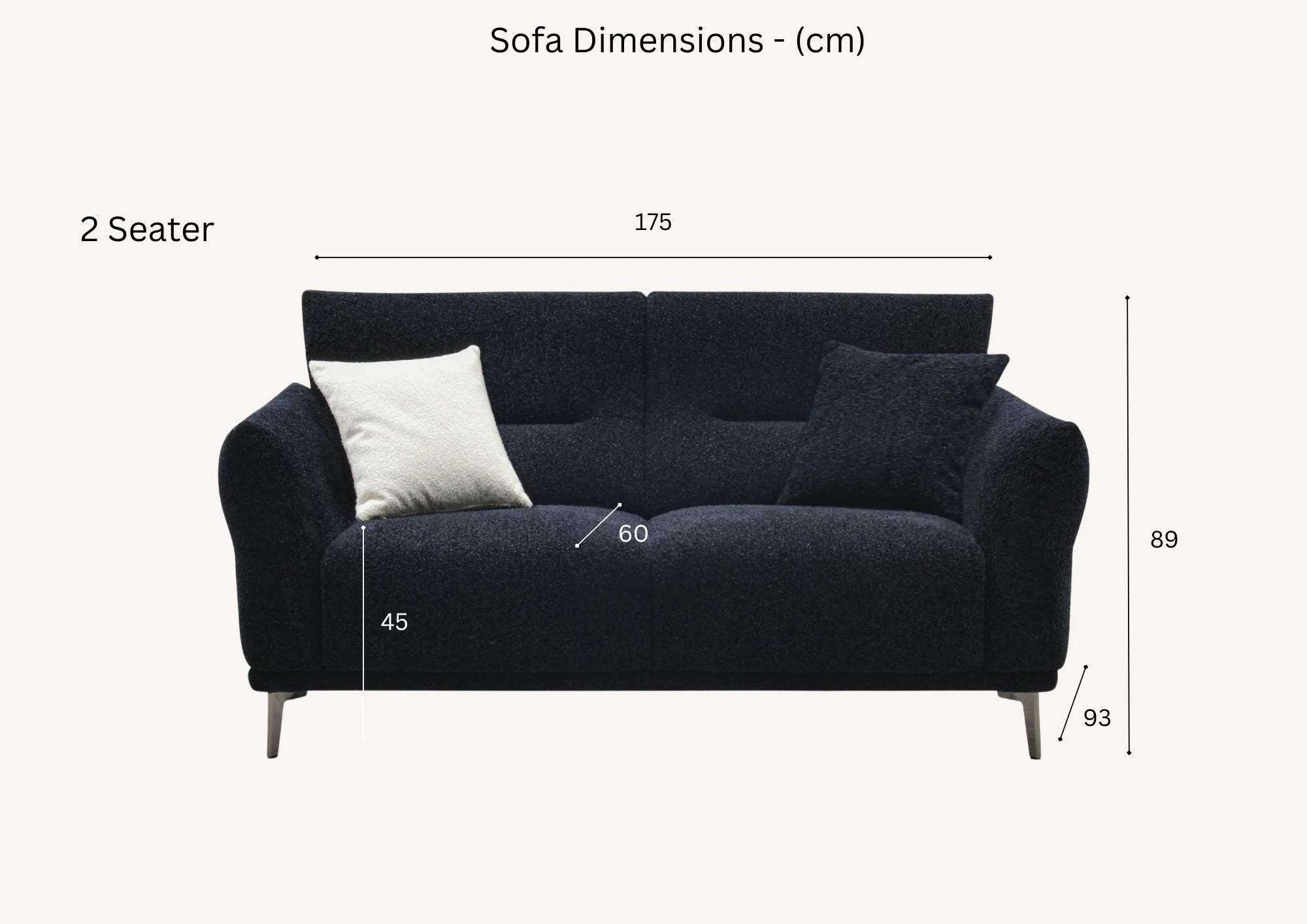 Albany 2 seater sofa dimensions 175cm length 93cm width 89cm height seat depth 60cm seat height 45cm solid furniture UK