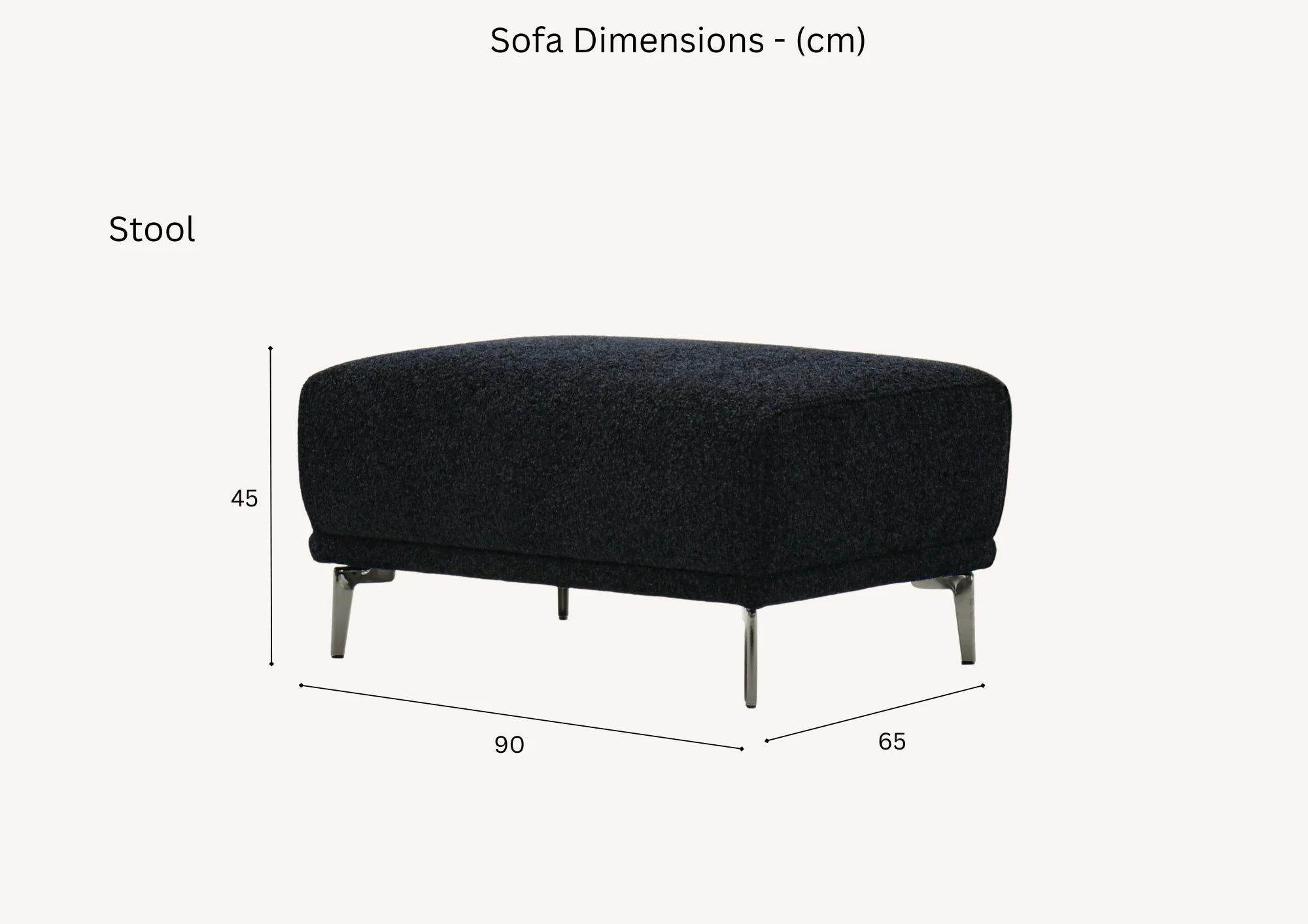Albany footstool dimensions 90cm length 65cm width 45cm height black bouclé matching stool solid furniture UK