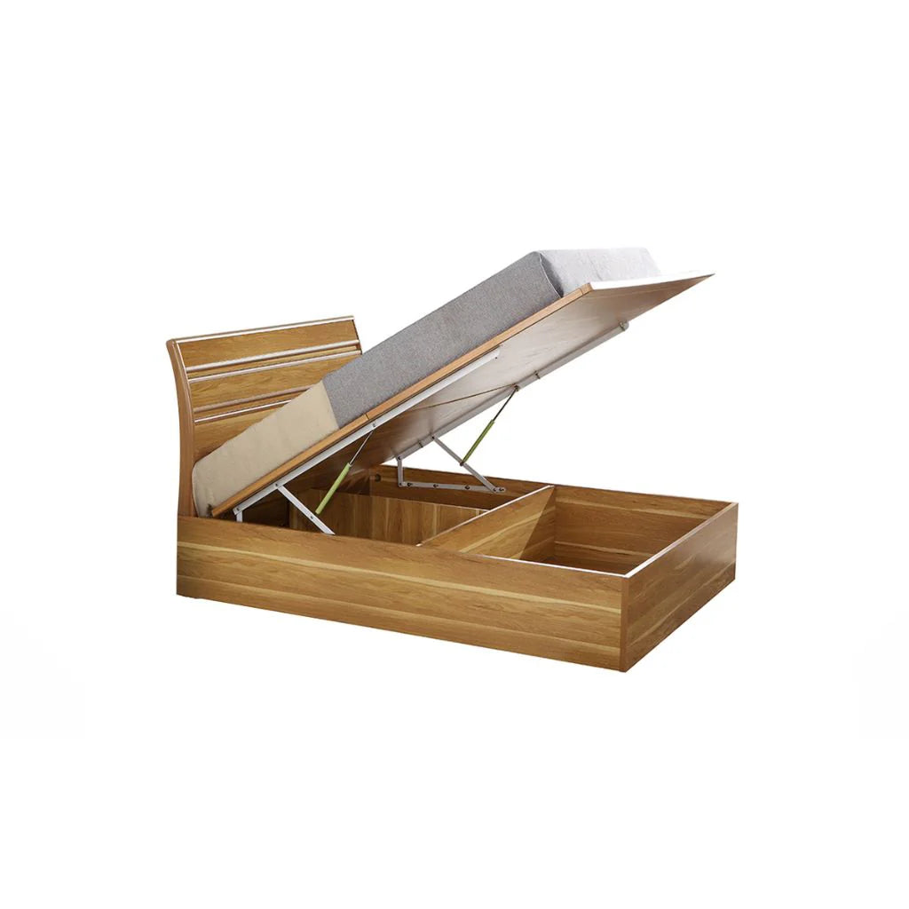Alexandra Oak Ottoman Storage Bed with open compartment showing large storage space by Solid Furniture UK