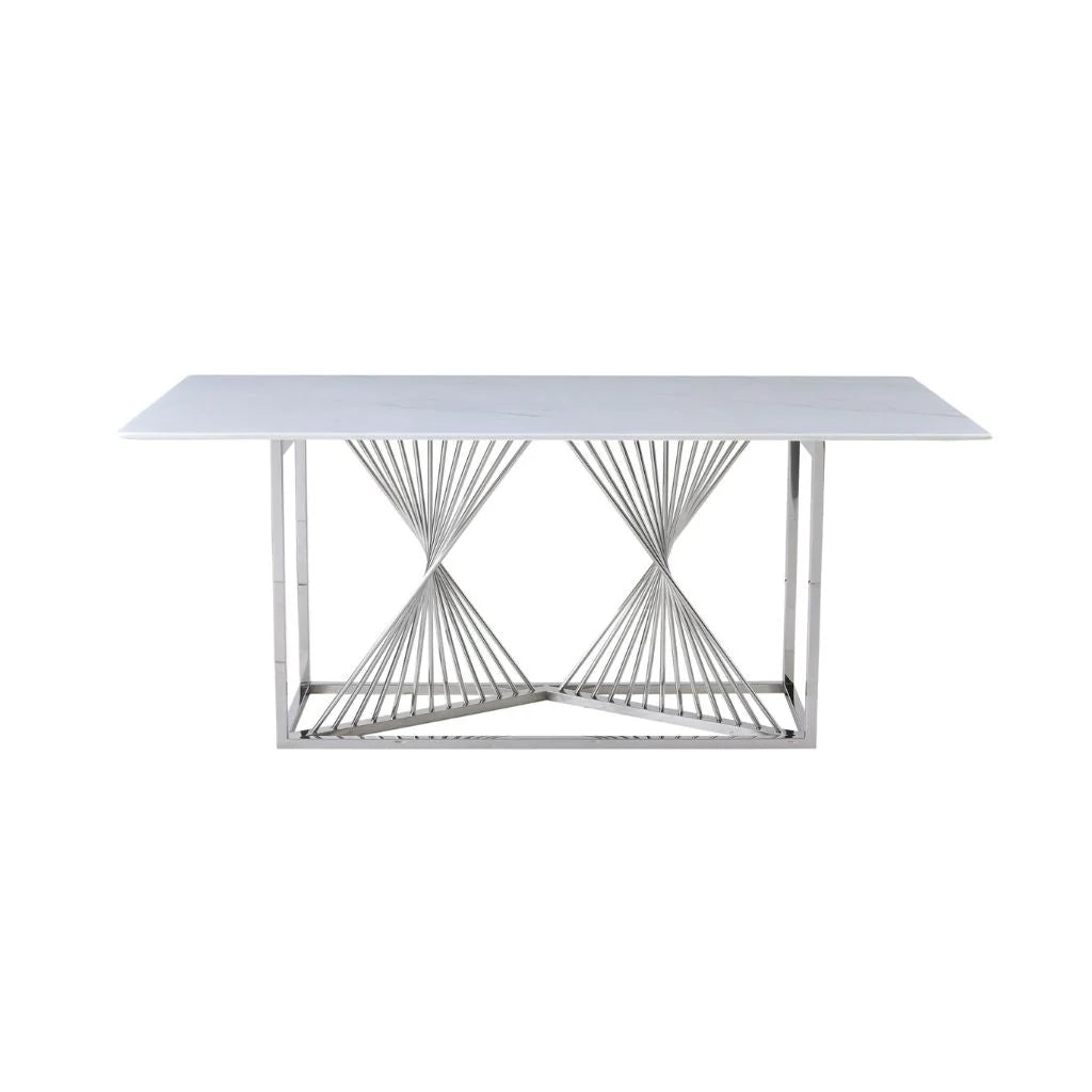 Amelia white ceramic dining table with chrome frame from Solid Furniture UK in a contemporary dining space