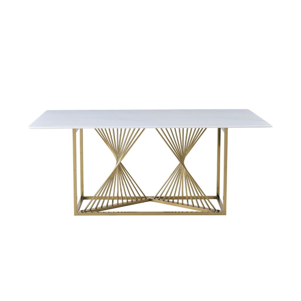 Amelia White Ceramic Dining Table 180cm with gold metal frame, contemporary dining table suitable for modern UK homes. solid furniture UK