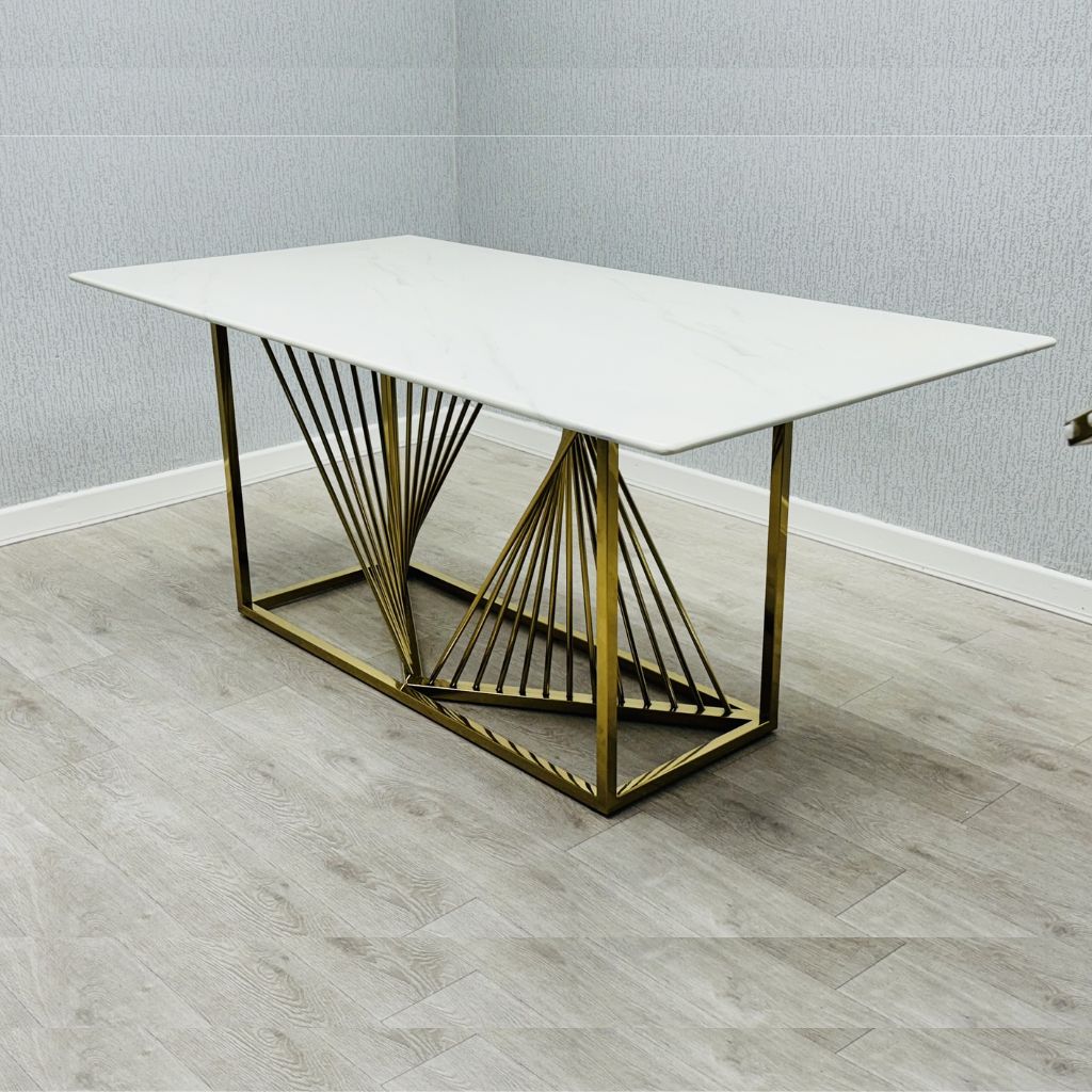 Side view of Amelia White Ceramic Dining Table with elegant gold metal base and durable white ceramic tabletop. solid furniture UK
