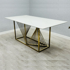 Side view of Amelia White Ceramic Dining Table with elegant gold metal base and durable white ceramic tabletop. solid furniture UK