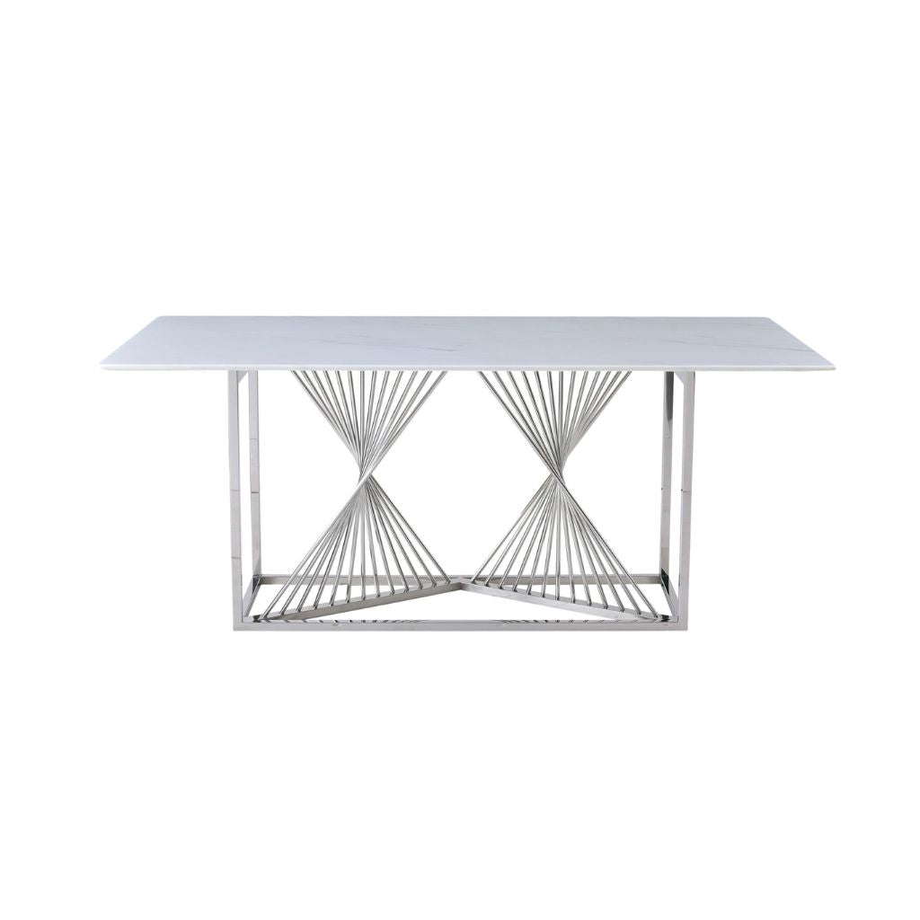 Amelia White Ceramic Dining Table 180cm with silver metal frame, modern rectangular dining table for 6 to 8 people. solid furniture UK