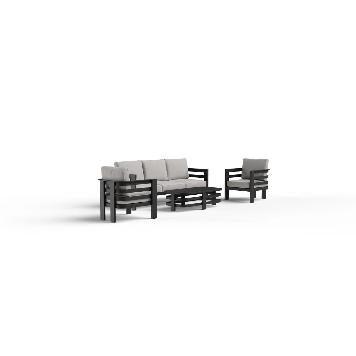 Side view of Andros 3 seater sofa from outdoor lounge set showing structure and cushions from Solid Furniture UK