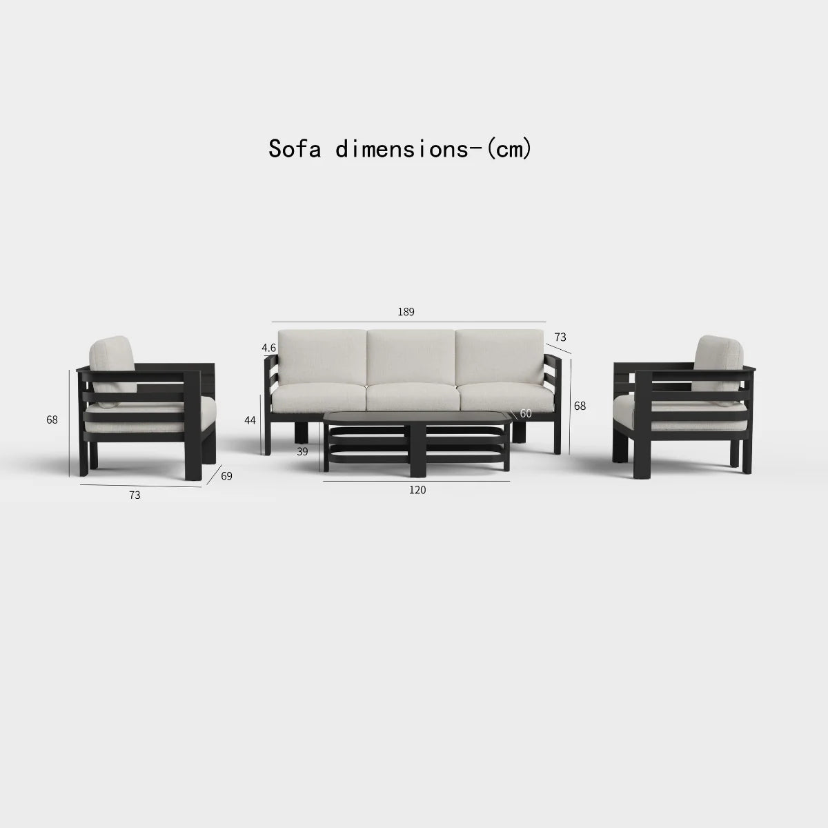 Dimension guide showing measurements of Andros 5 seater outdoor lounge set for UK garden spaces from Solid Furniture UK