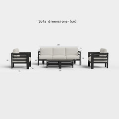 Dimension guide showing measurements of Andros 5 seater outdoor lounge set for UK garden spaces from Solid Furniture UK