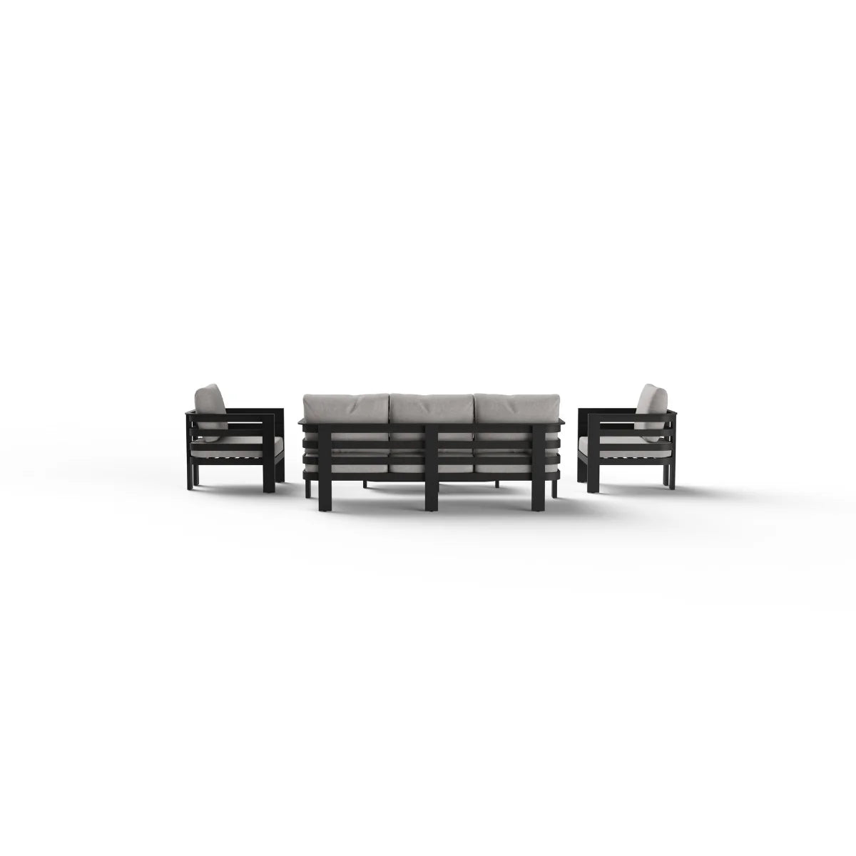 Back side view of Andros outdoor lounge set showing aluminium frame and layout in UK garden from Solid Furniture UK