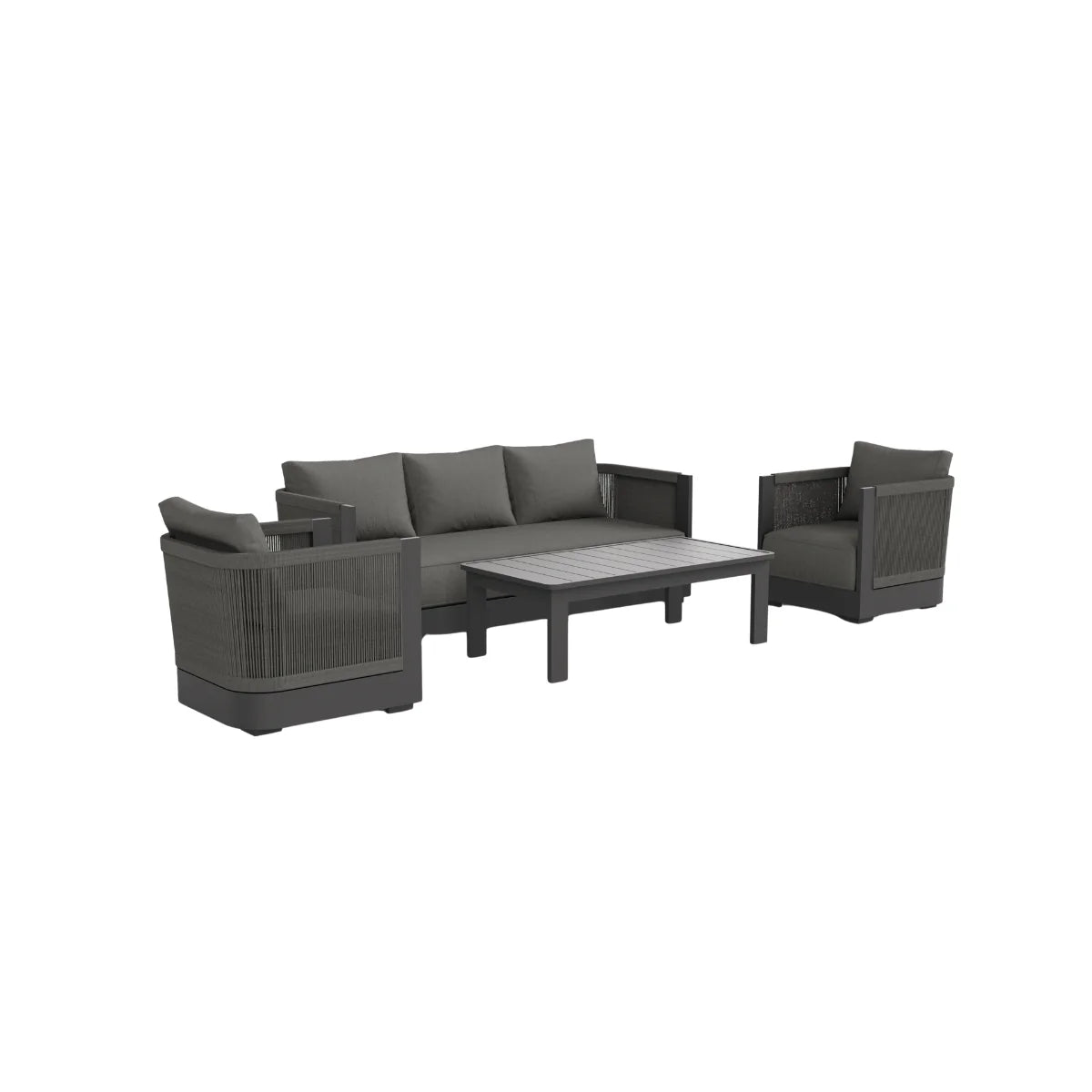 Side angle view of Ares Onyx outdoor armchair showcasing modern onyx aluminium frame, weather-resistant wicker detailing, and deep cushioned seating designed for stylish garden and patio use