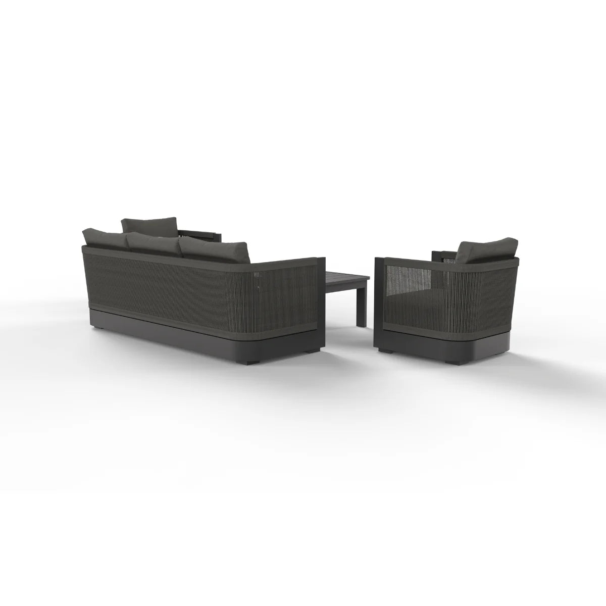 Side and back angle view of Ares Onyx outdoor armchair showing modern aluminium frame, weather-resistant wicker detailing, and sleek outdoor garden furniture design from multiple perspectives solid furniture UK