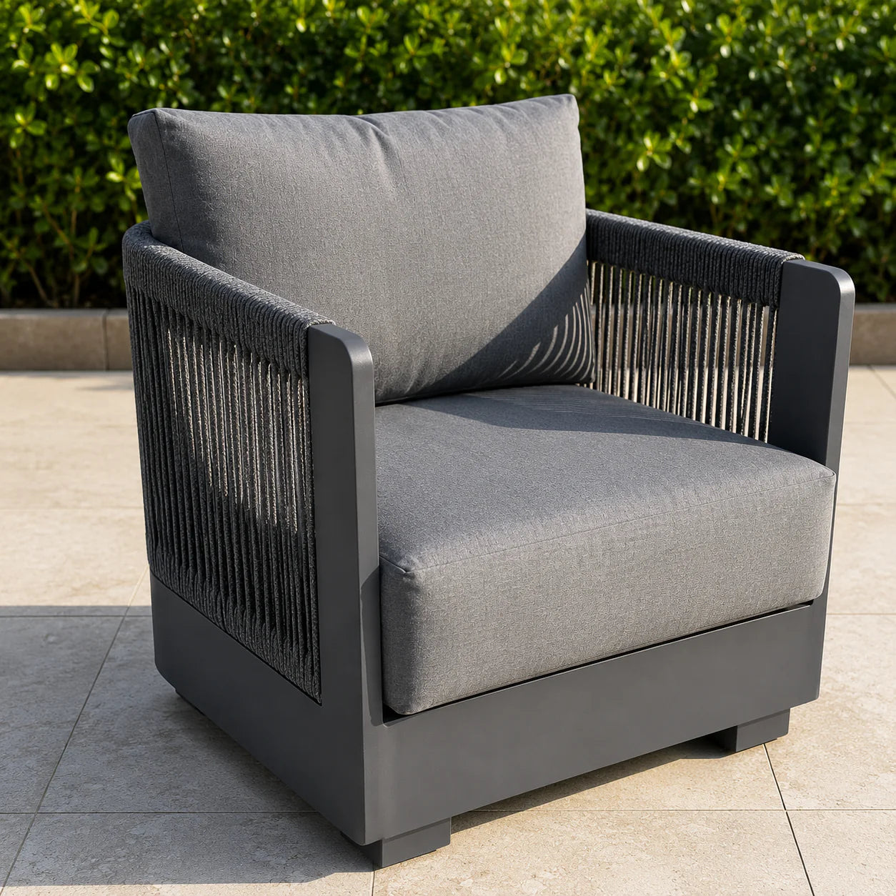 Single armchair from Ares Onyx outdoor garden lounge set featuring modern onyx aluminium frame, weather-resistant design, and deep cushioned seating for outdoor comfort solid furniture UK