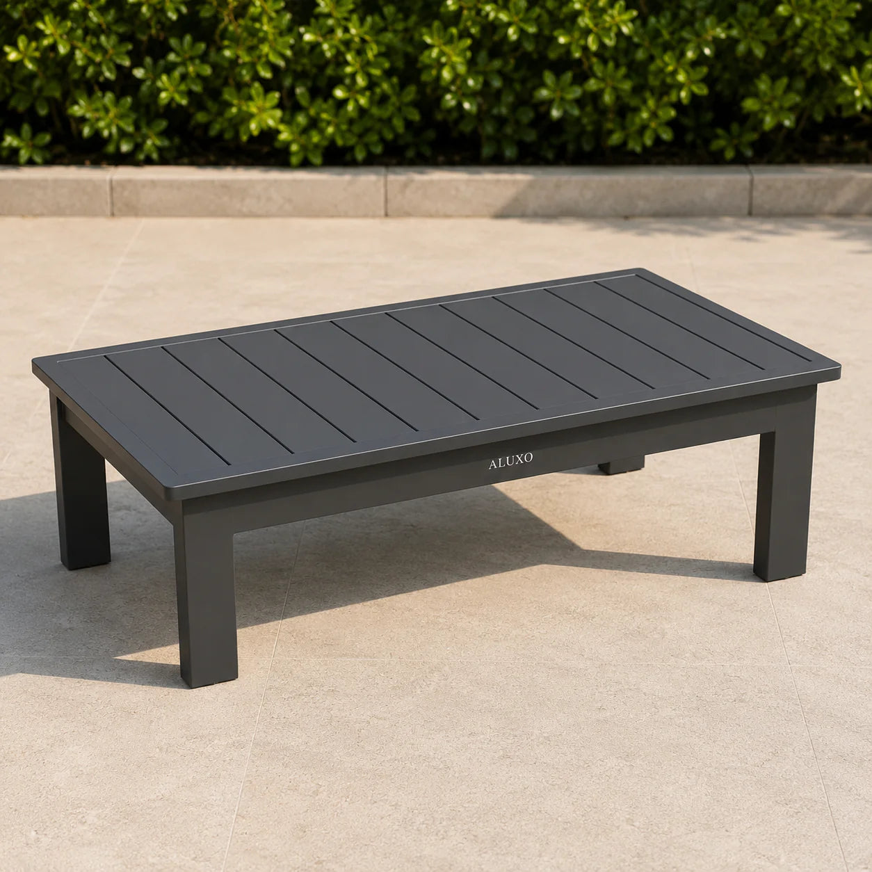 Close-up view of Ares Onyx outdoor coffee table with slatted top design, made from durable weather-resistant material, part of a modern garden lounge furniture set solid furniture UK