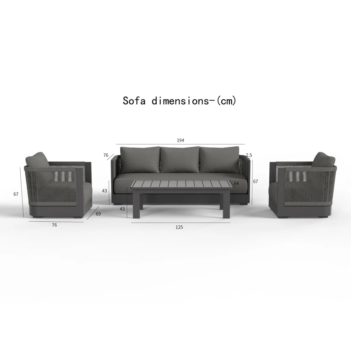 Dimension guide of Ares Onyx 5 seater outdoor garden lounge set showing sofa, armchairs and coffee table measurements for garden furniture sizing and layout planning solid furniture UK