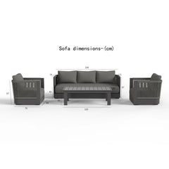 Dimension guide of Ares Onyx 5 seater outdoor garden lounge set showing sofa, armchairs and coffee table measurements for garden furniture sizing and layout planning solid furniture UK