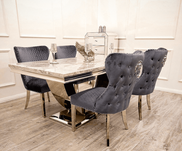 Beige dining table with matching chairs in a modern dining room, featuring a soft neutral tone and elegant contemporary design. solid furniture uk