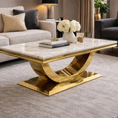 Arial coffee table with white marble top and gold frame in a living room - Solid Furniture UK