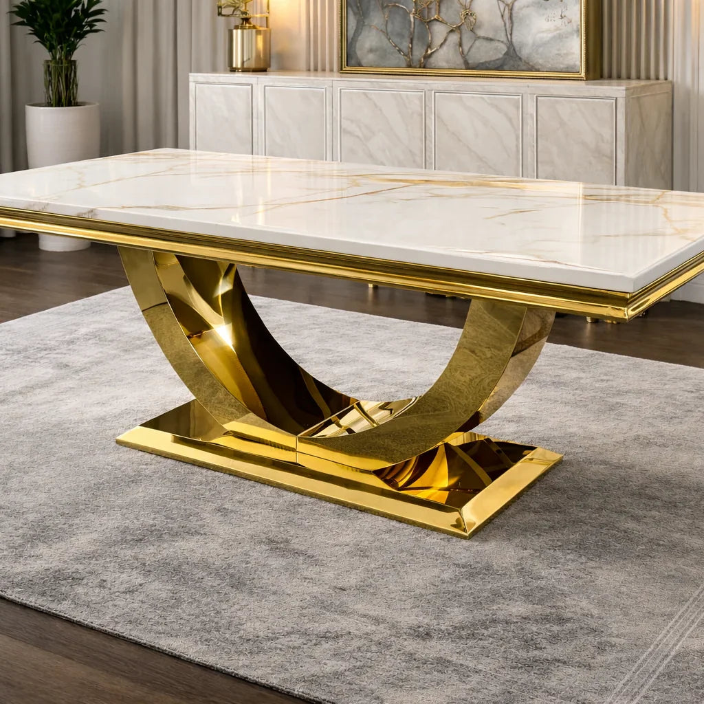 Arial dining table with gold base and marble or ceramic top | Solid Furniture UK