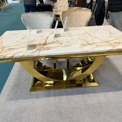 Arial dining table with white marble top and gold base | Solid Furniture UK