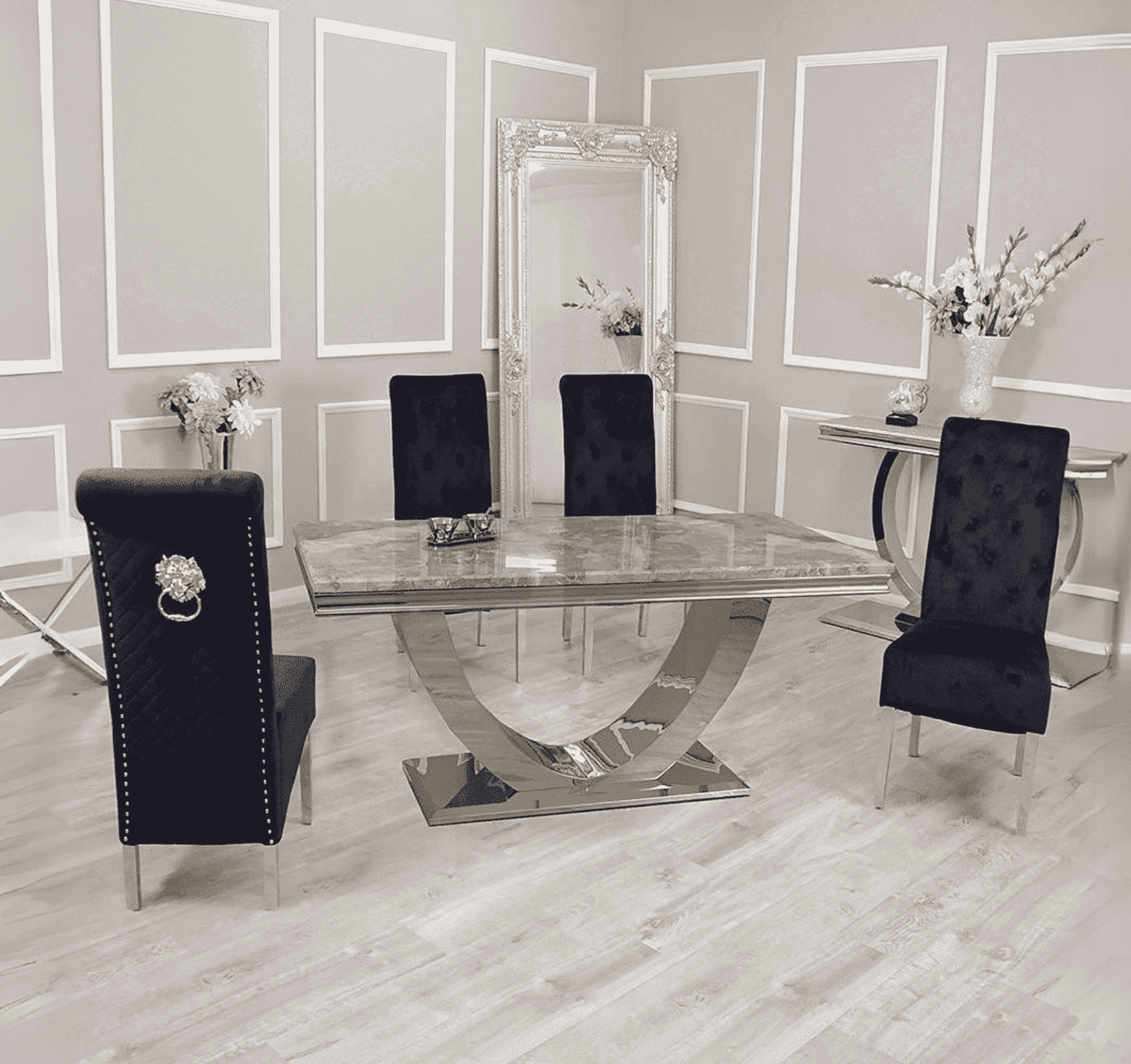 Arial Light grey marble dining table with black velvet chairs set by Solid Furniture in modern UK dining room