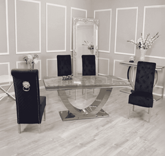 Arial Light grey marble dining table with black velvet chairs set by Solid Furniture in modern UK dining room