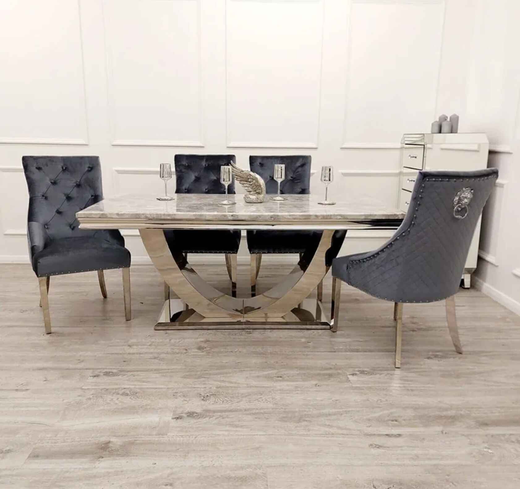 Arial marble dining table with Majestic dark grey velvet chairs main front view luxury dining set by Solid Furniture UK
