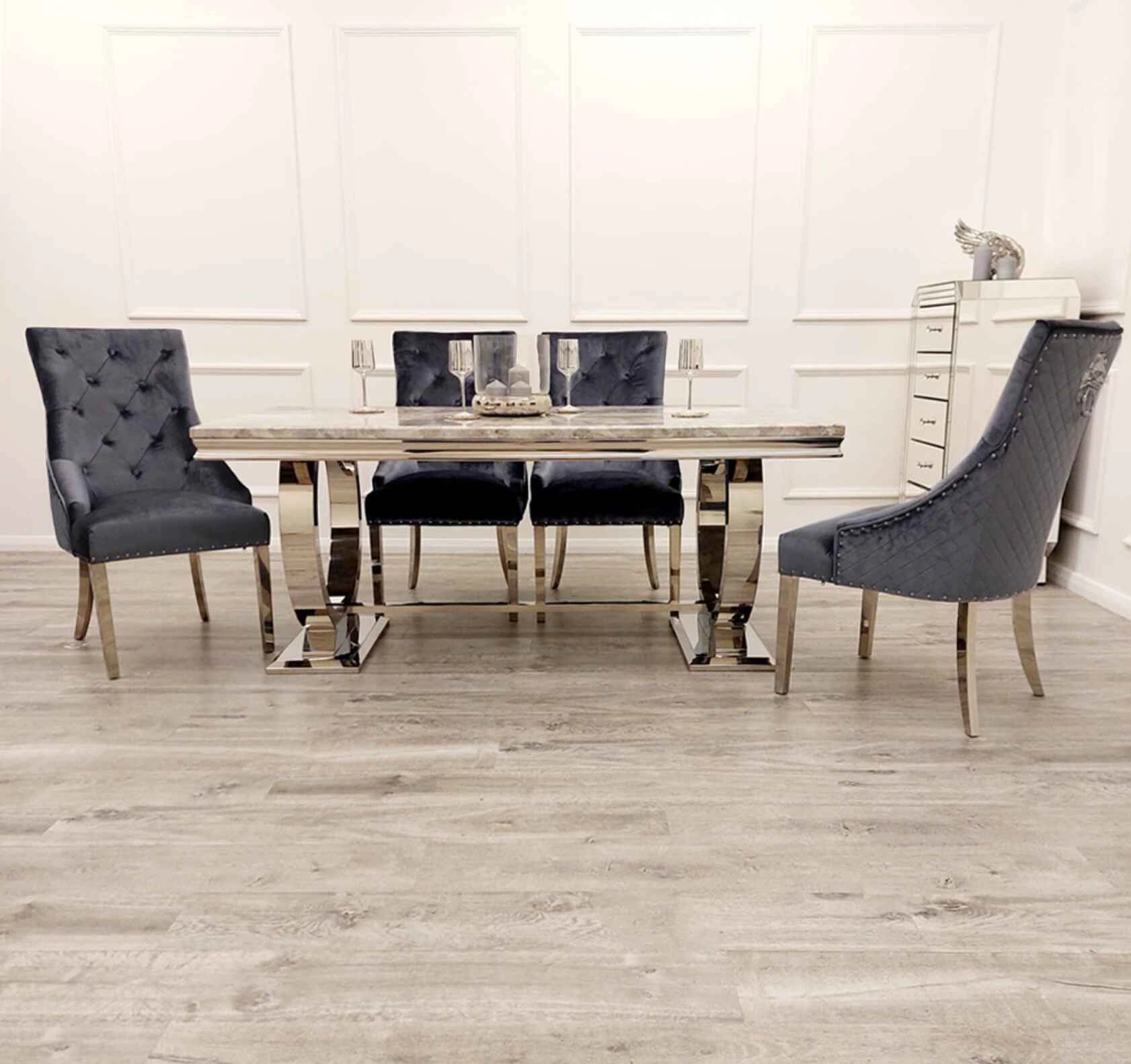 Ariana dining table with Majestic dark grey chairs light grey top main front view UK Solid Furniture UK