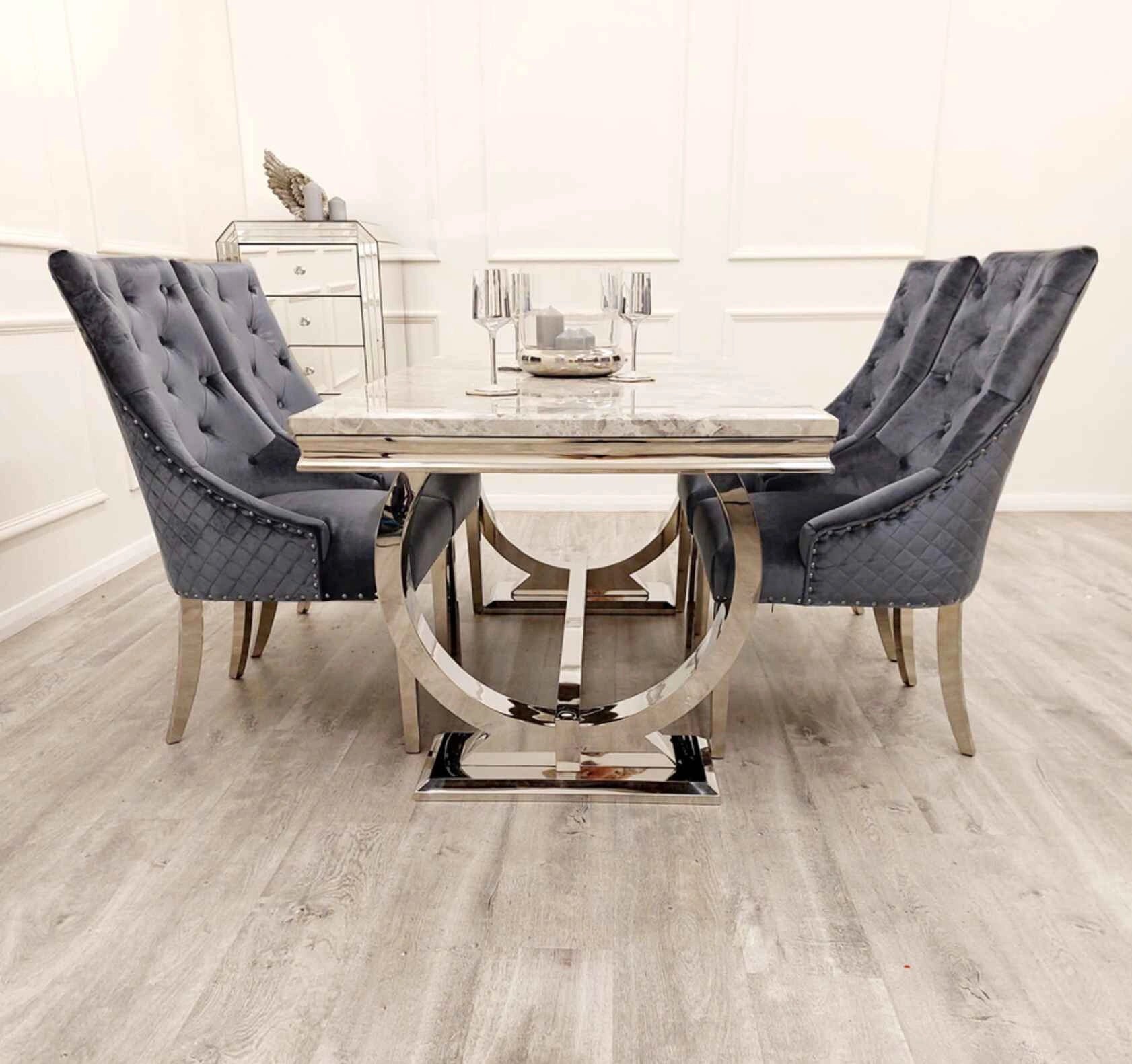 Ariana dining table side angle view with Majestic dark grey chairs modern chrome dining set UK Solid Furniture UK